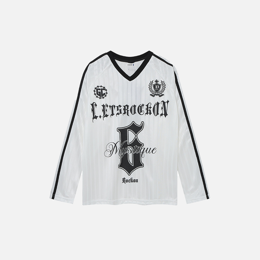 Langärmliges Polyester-T-Shirt mit gotischem Print und V-Ausschnitt