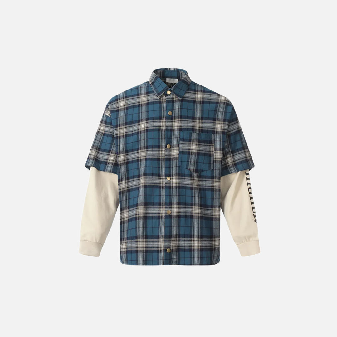 Trendiges kariertes Patchwork-Hemd mit lockerem Revers