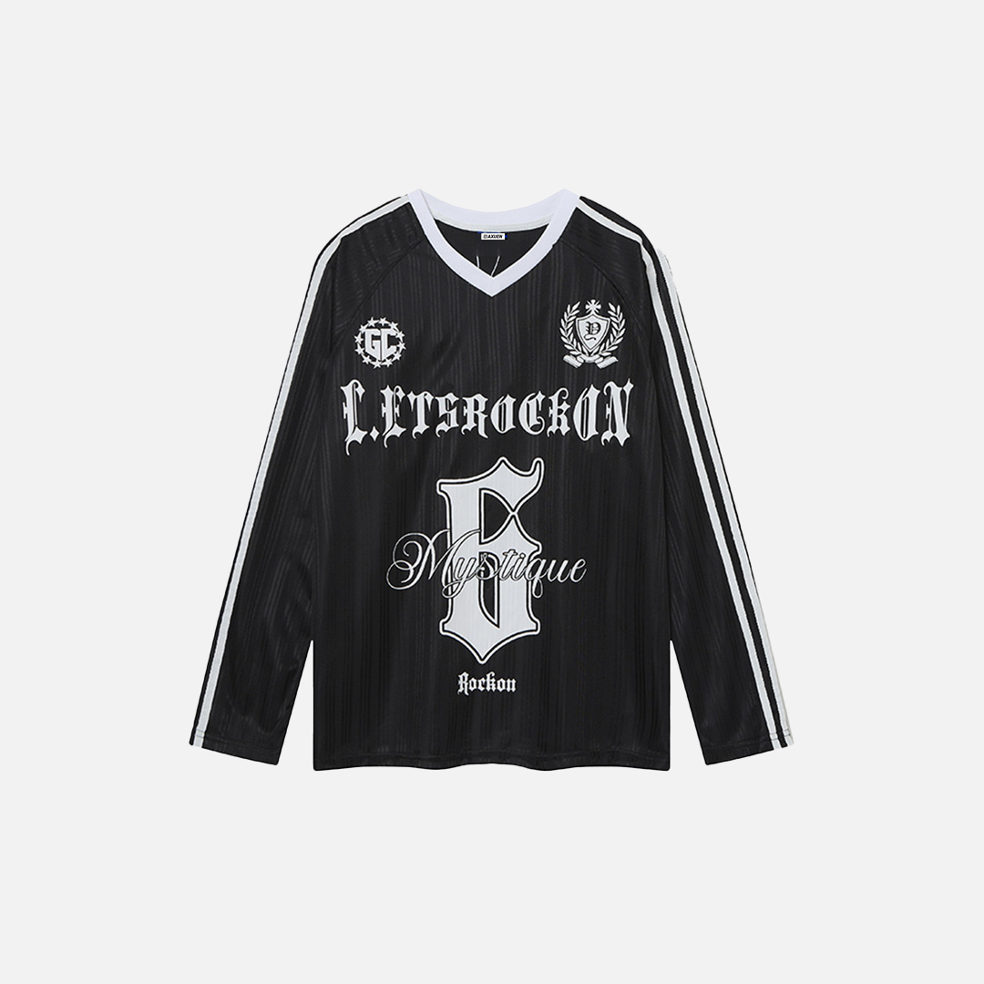 Langärmliges Polyester-T-Shirt mit gotischem Print und V-Ausschnitt