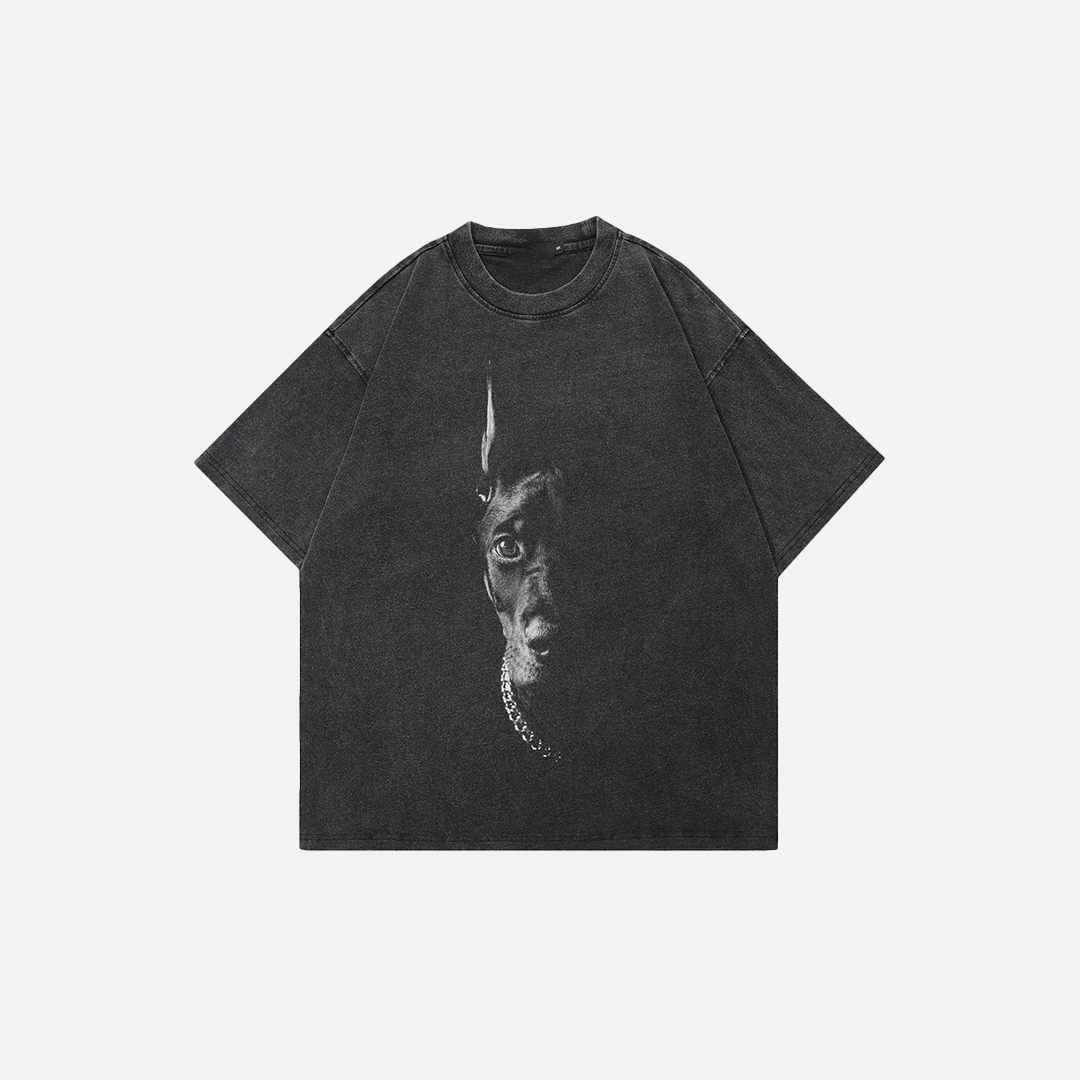 T-shirt oversize noir délavé à motif doberman