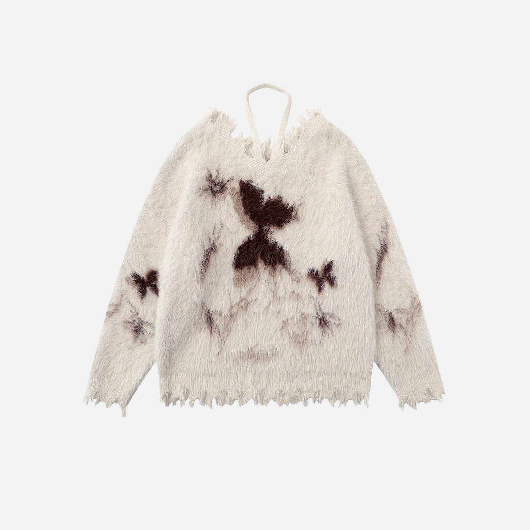 Pullover mit Schmetterlingsmotiv, ausgefranstem Saum und flauschigem Material