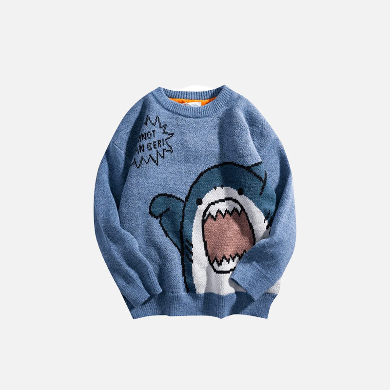 Übergroßer Strickpullover mit gruseligem Hai-Motiv