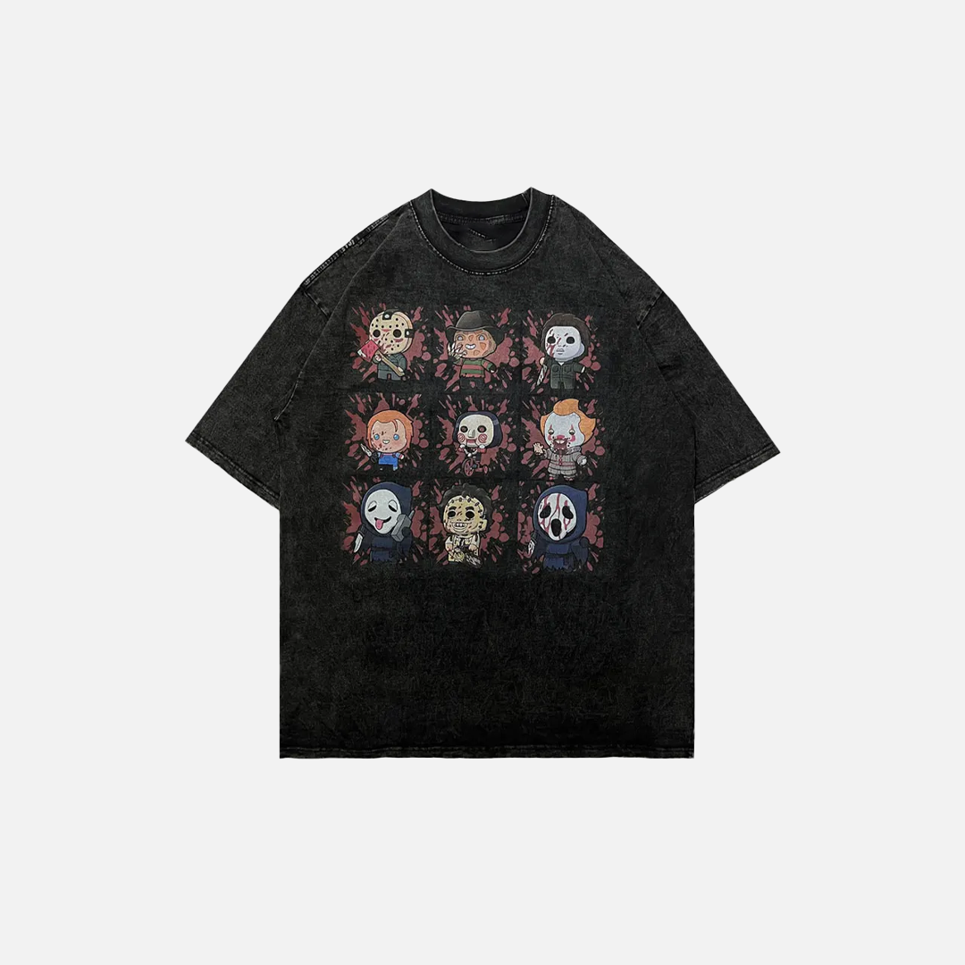 Isoliertes, übergroßes, gewaschenes T-Shirt mit lustigen Cartoon-Killern