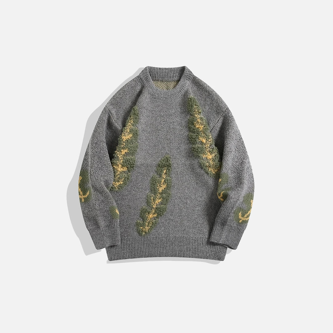 Pull col rond style japonais jacquard à feuilles Y2K