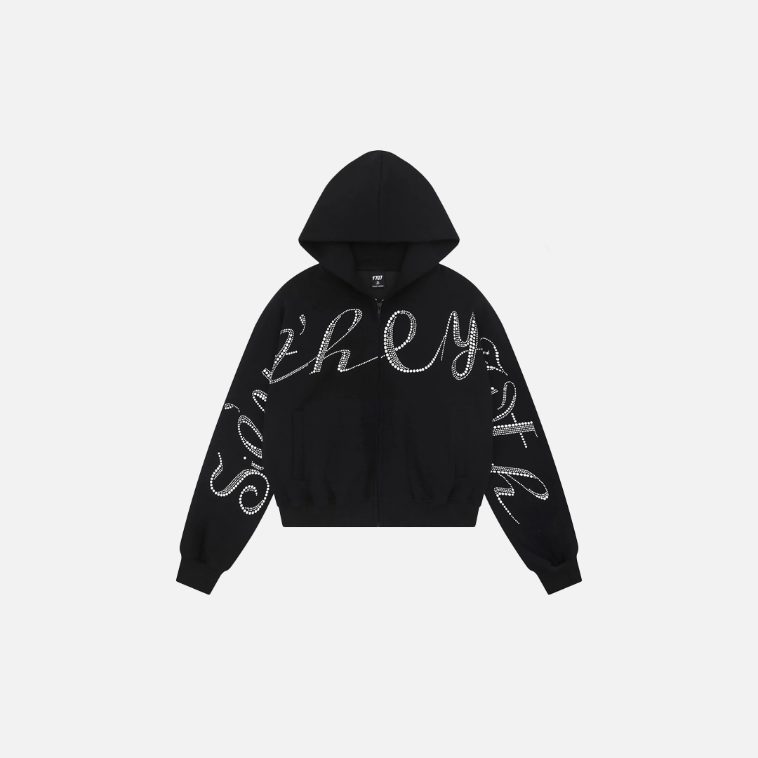 Investment Piece Rhinestone Zip Up Hooded Cotton Sweatshirt
