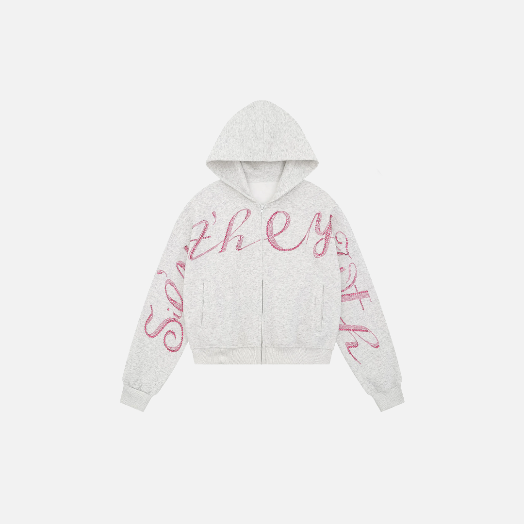 Investment Piece Rhinestone Zip Up Hooded Cotton Sweatshirt