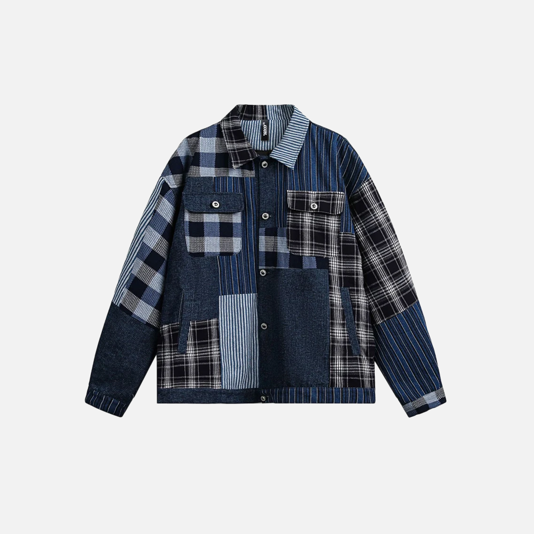 Vielseitige Retro-Jeansjacke in Blau mit Patchwork-Muster