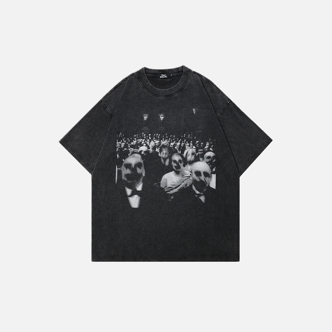 T-shirt à manches courtes noir délavé rétro avec motif zombie