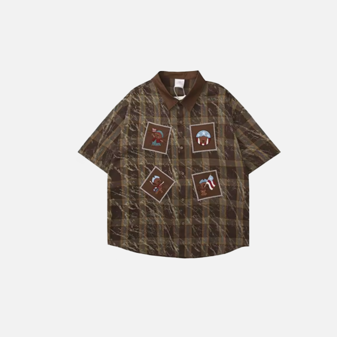 Retro-Patchwork-Shirt mit Cartoon-Print und Revers