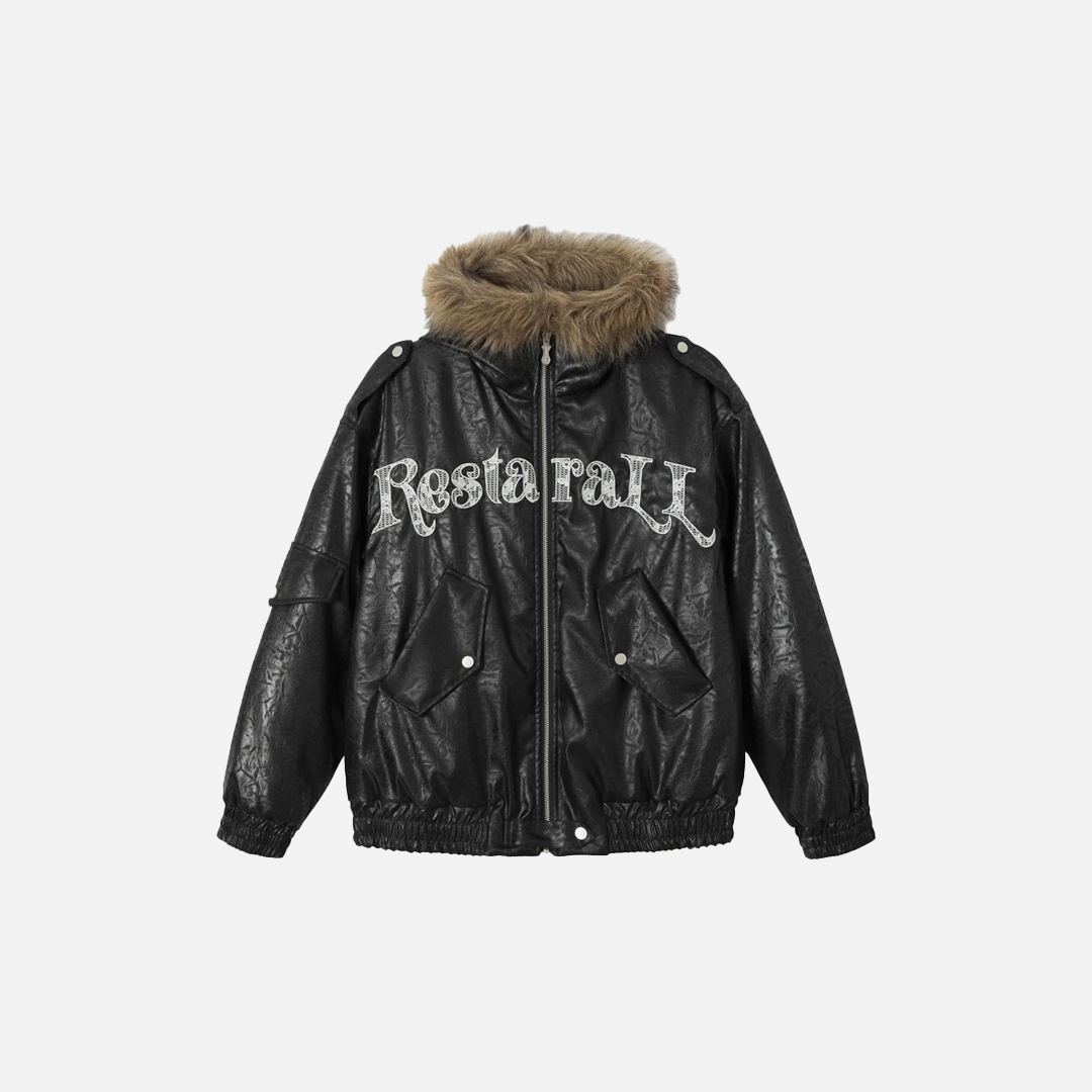 Winterliche dicke, warme Parka-Lederjacke mit Pelzkragen