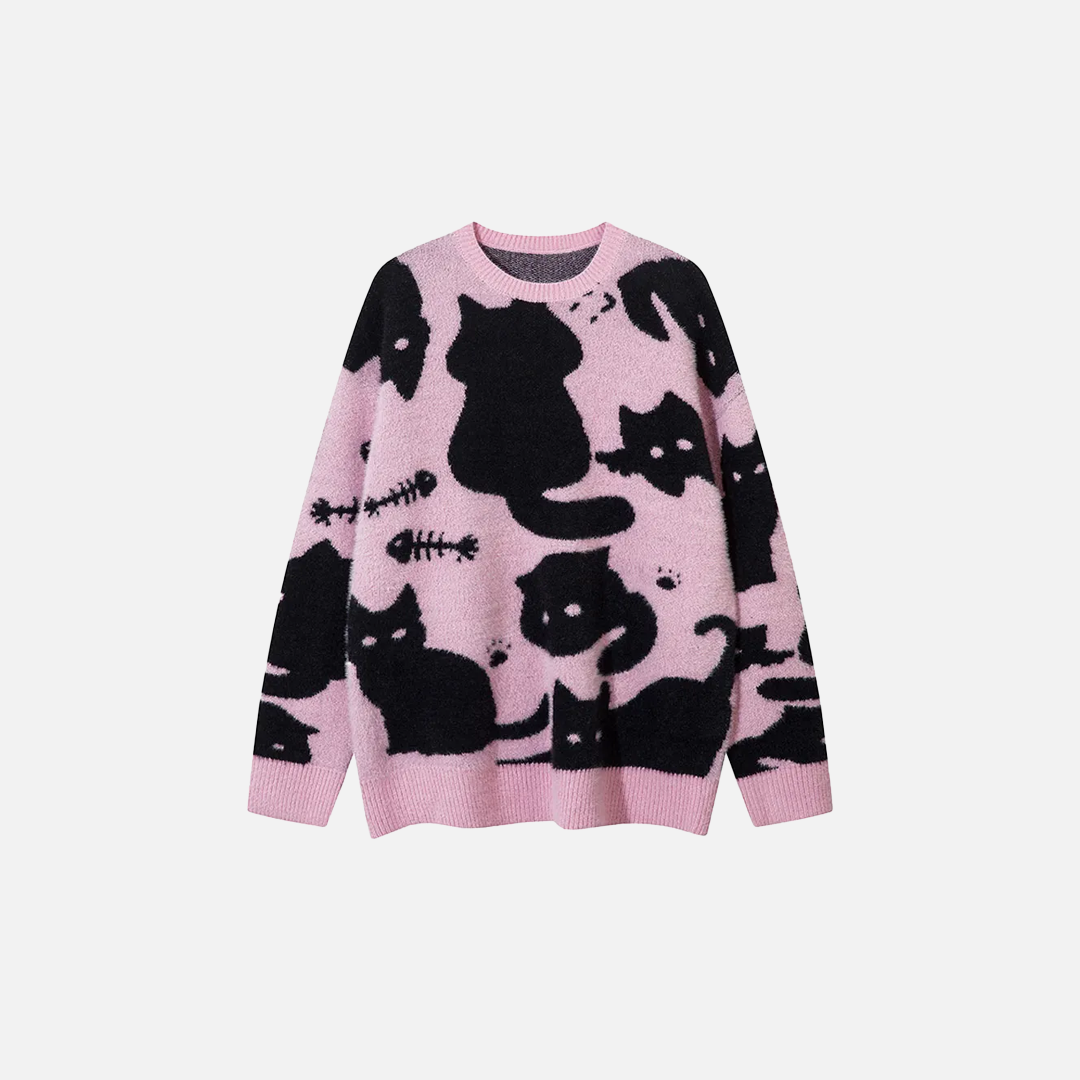 Gemütlicher Oversize-Strickpullover mit niedlichem Katzenmotiv