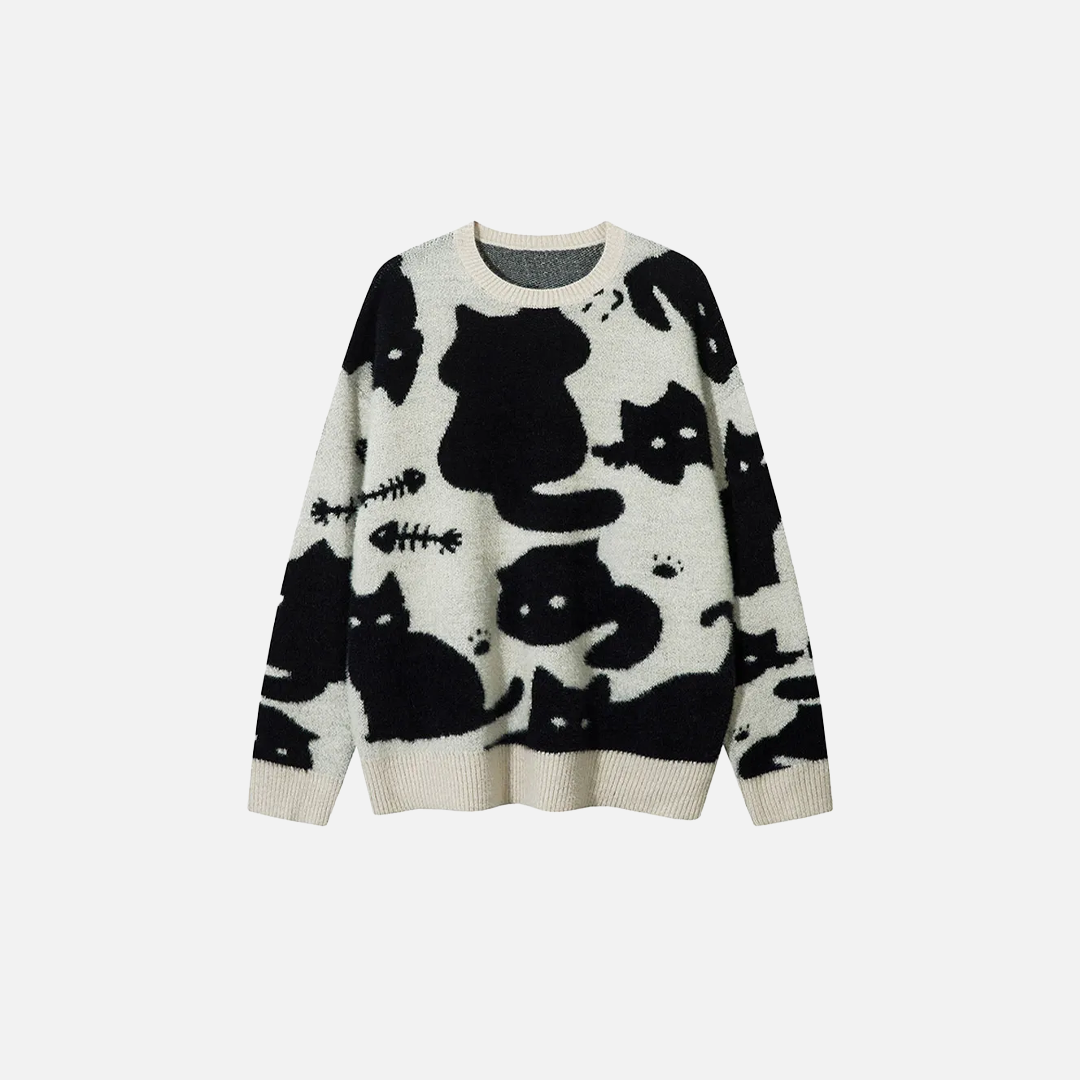 Gemütlicher Oversize-Strickpullover mit niedlichem Katzenmotiv