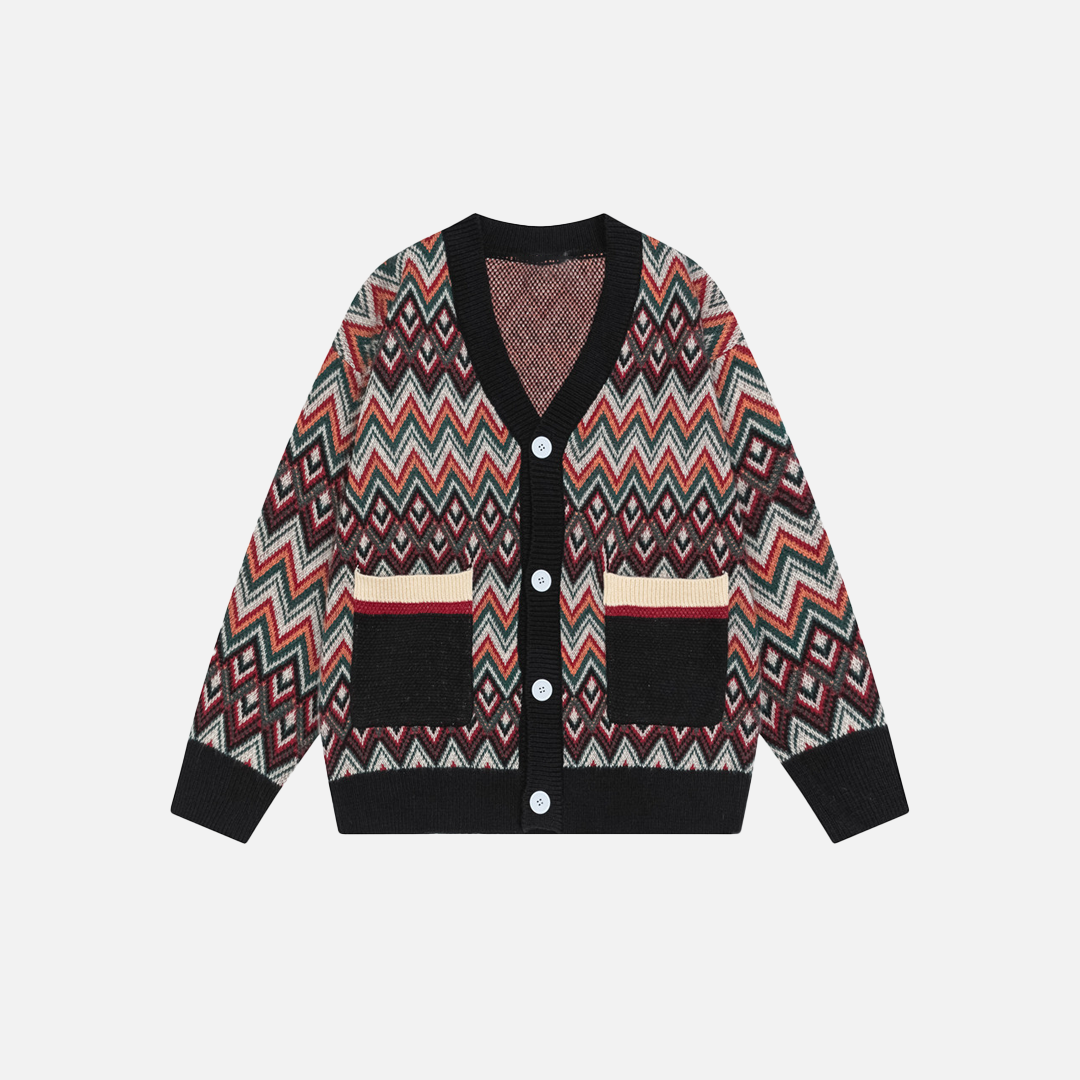 Ethnisch gestrickter Jacquard-Cardigan mit V-Ausschnitt