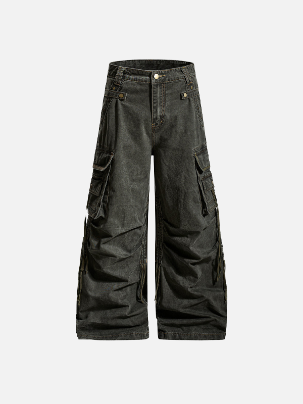 Jeans en denim à jambes larges plissés, style streetwear