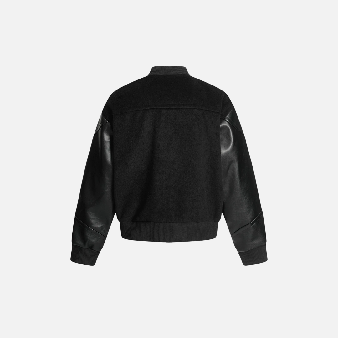 Streetwear-Style Patchwork-Collegejacke aus schwarzem Leder