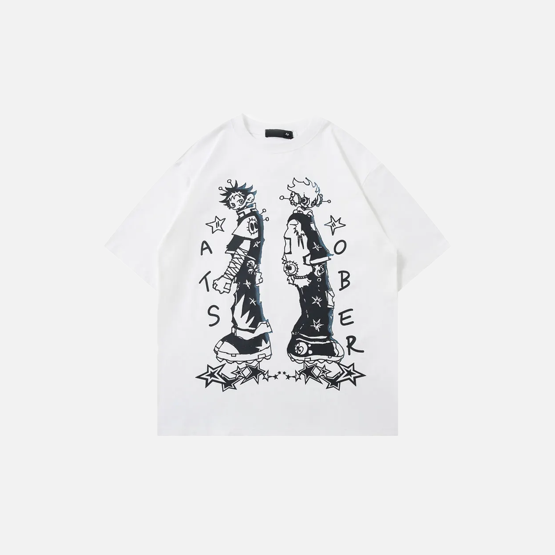 T-shirt en coton à motif grunge japonais anime cartoon