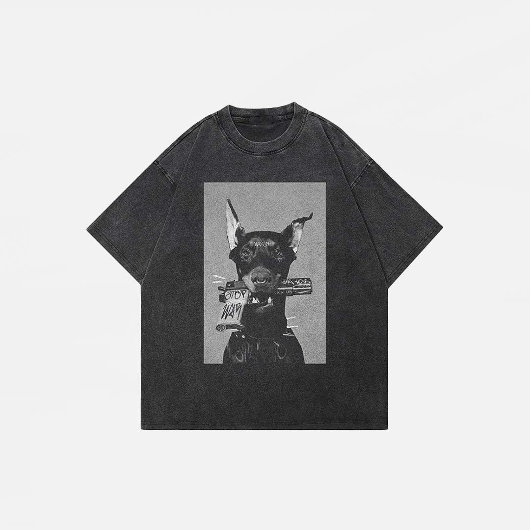 Verwaschenes schwarzes Oversize-T-Shirt mit Hundemotiv