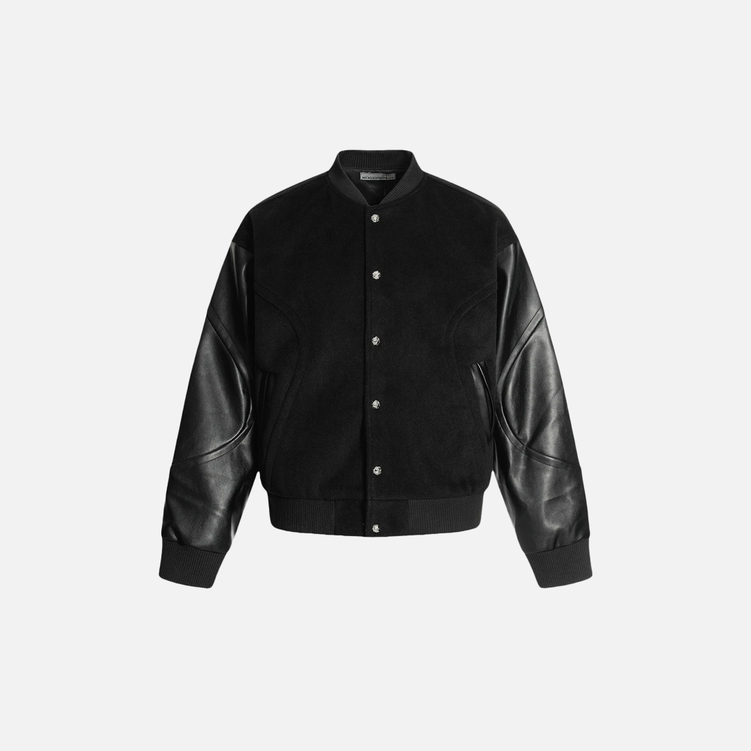 Streetwear-Style Patchwork-Collegejacke aus schwarzem Leder