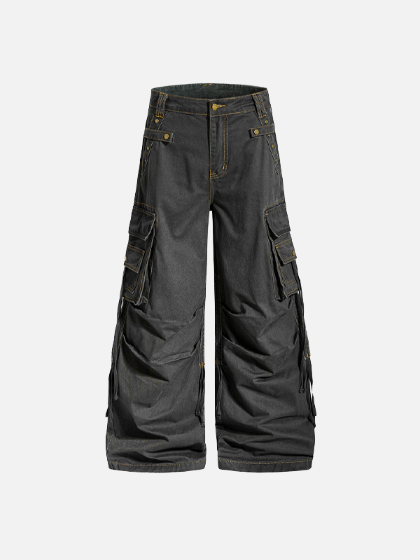 Jeans en denim à jambes larges plissés, style streetwear