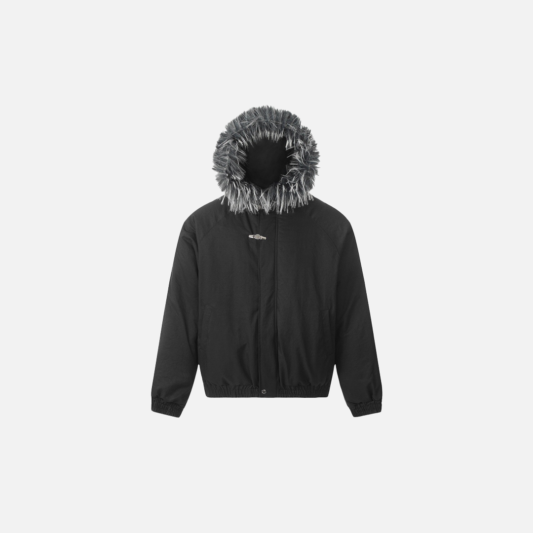 Wattierte Jacke mit Kragen aus amerikanischer Wolle und Kapuze aus Kunstpelz