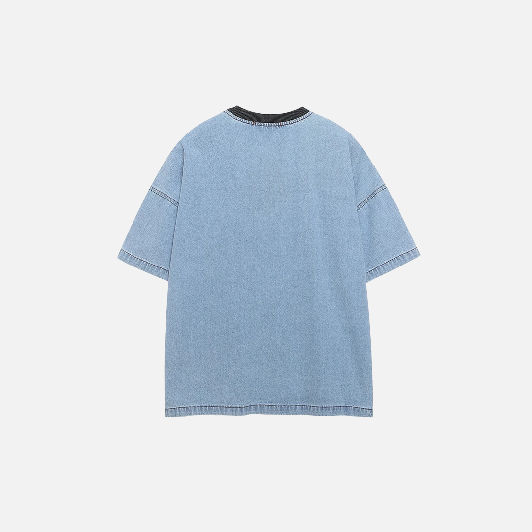 Sommerliches Streetwear-Denim-T-Shirt mit besticktem Aufnäher