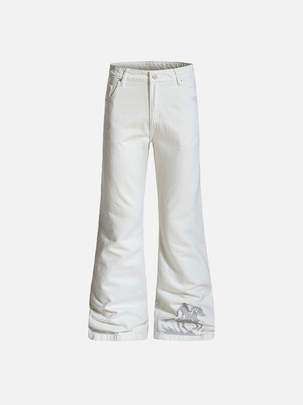Jeans streetwear évasés brodés abstraits de chevalier