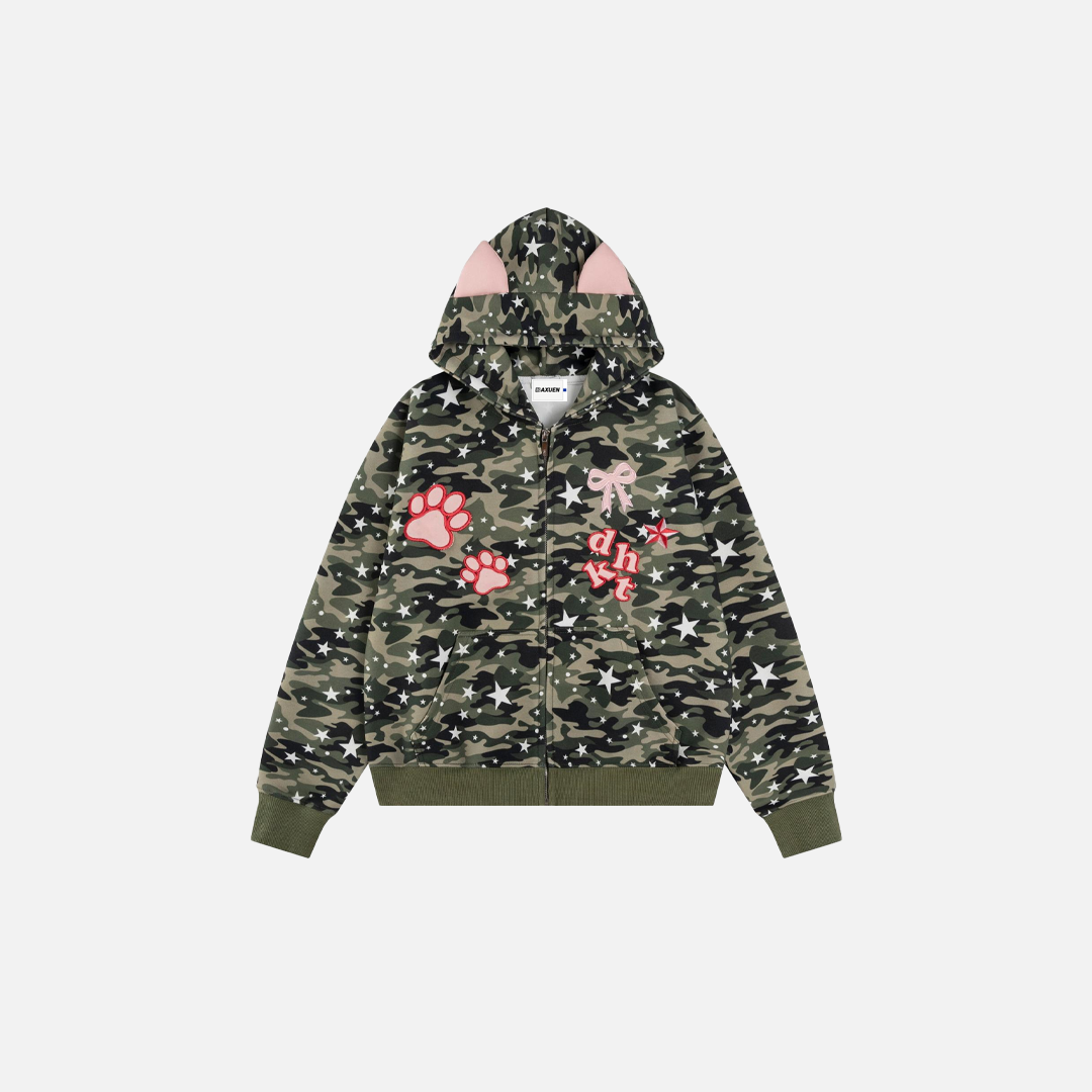 Cooler Kapuzenpullover mit Camouflage-Motiv und bestickten rosa Ohren
