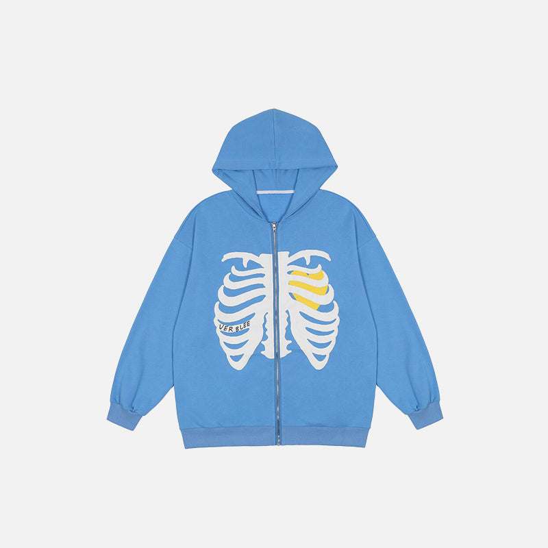 Kapuzenpullover mit Reißverschluss und Thorax-Skelett-Motiv