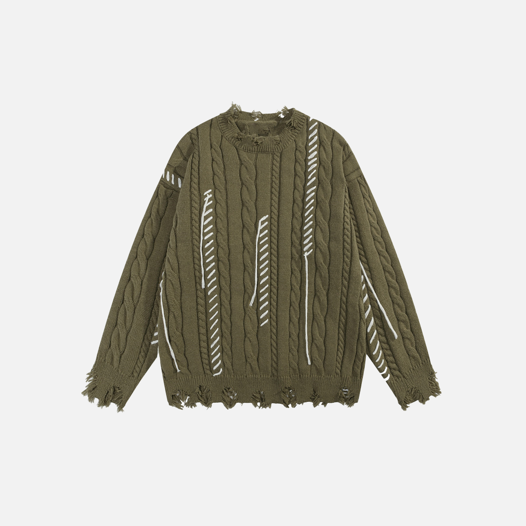 Twist Tear Contrast Stitch Ripped Crewneck Sweater