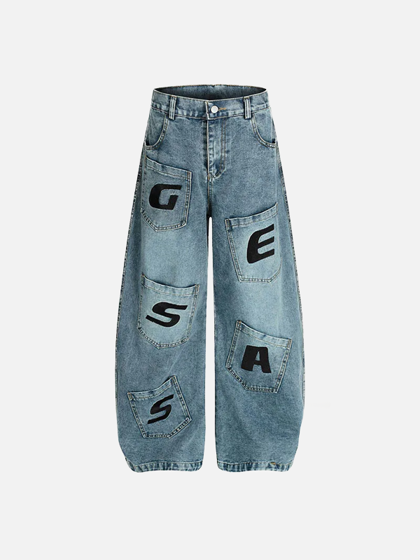 Unregelmäßige Patchwork-Cargo-Jeans aus Denim mit weitem Bein