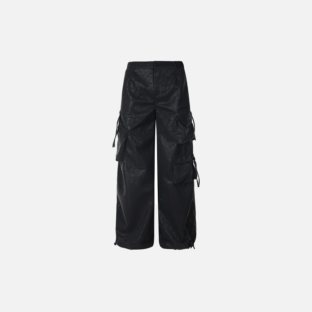 Luxuriöse Designer-Hose aus PU mit weitem Bein und vielen Taschen