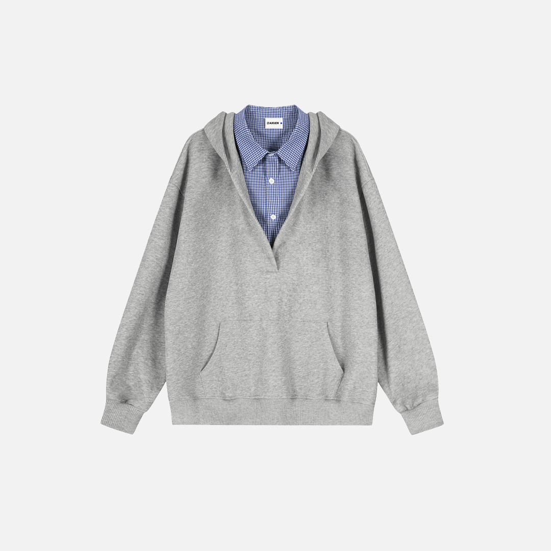 Chemise élégante à carreaux pour homme, col en patchwork, sweat à capuche