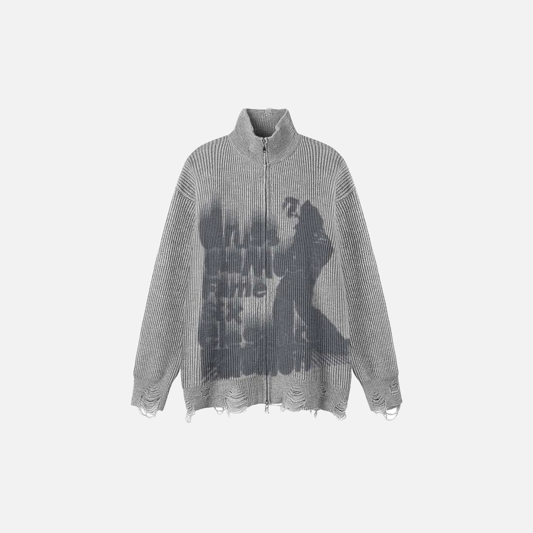Strickjacke mit Graffiti-Print, Rissen und Reißverschluss