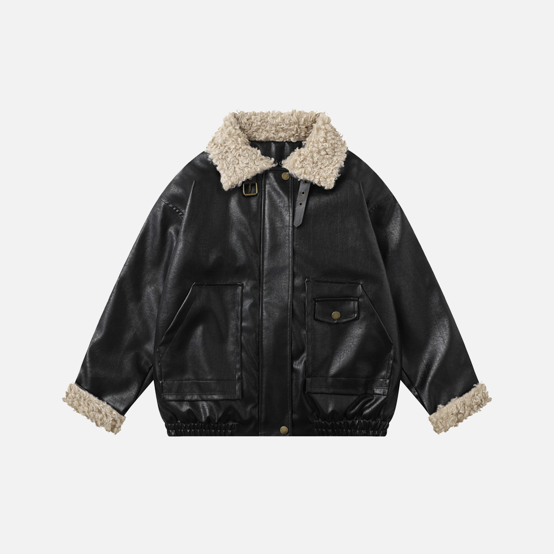 Winter Dicke Warme Lederjacke mit Stehkragen und Pelzkragen