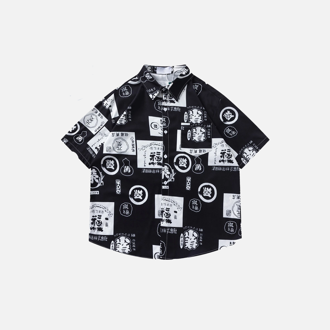 Kurzarmhemd im japanischen Stil mit Print und Knopfleiste