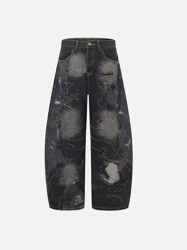 Streetwear-Jeans mit Rissen, ausgewaschen, weitem Bein