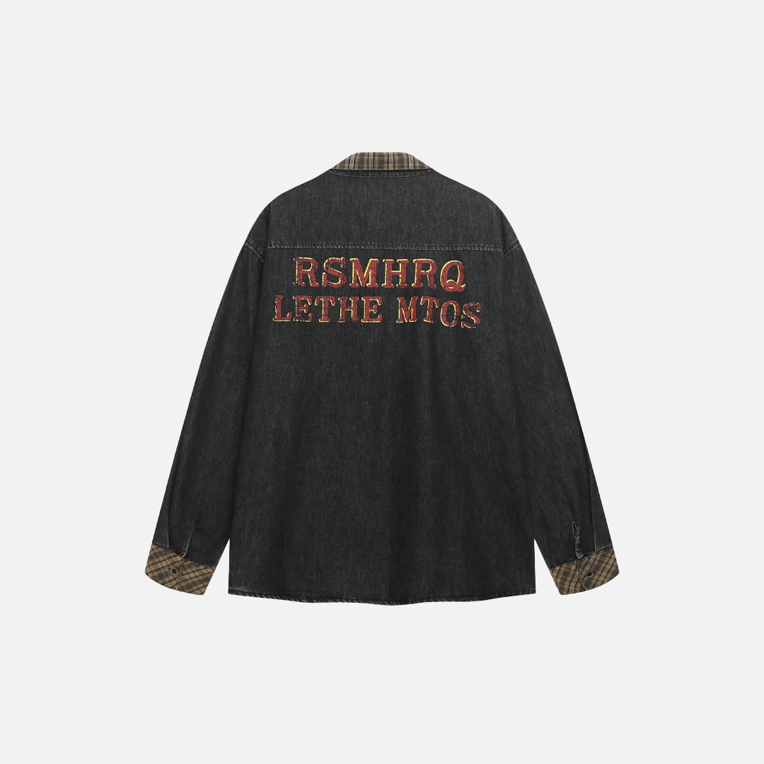 Vintage Jeanshemd mit besticktem Karokragen und langen Ärmeln