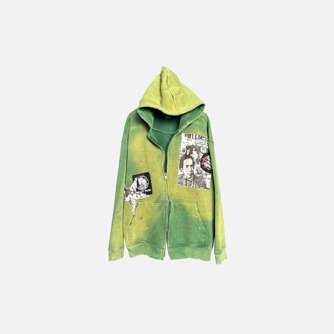 Y2K Grünes Retro Oversized Batik-Sweatshirt mit Reißverschluss