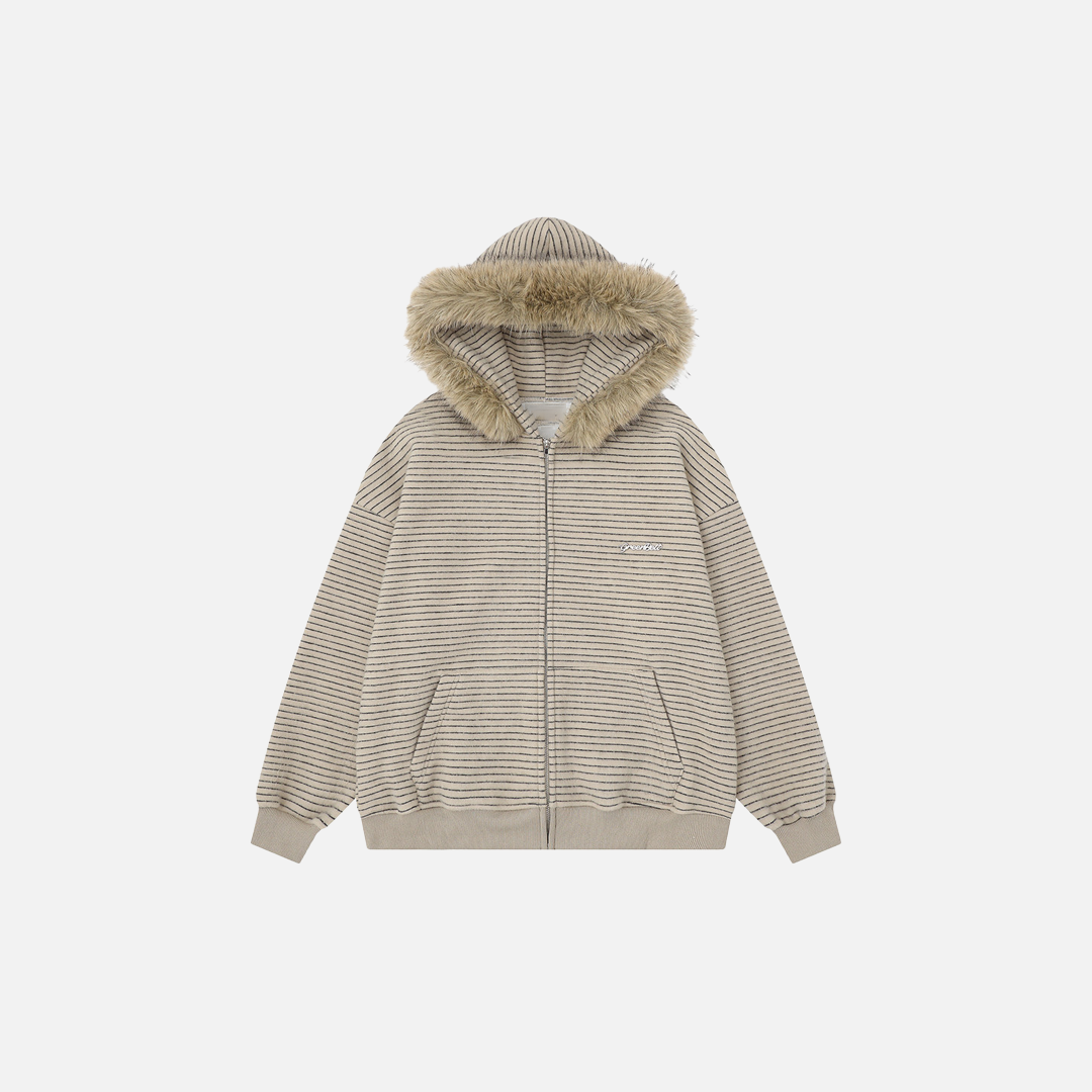 Europäischer Stil, gestreifter, lockerer Kapuzenpullover aus Kunstpelz