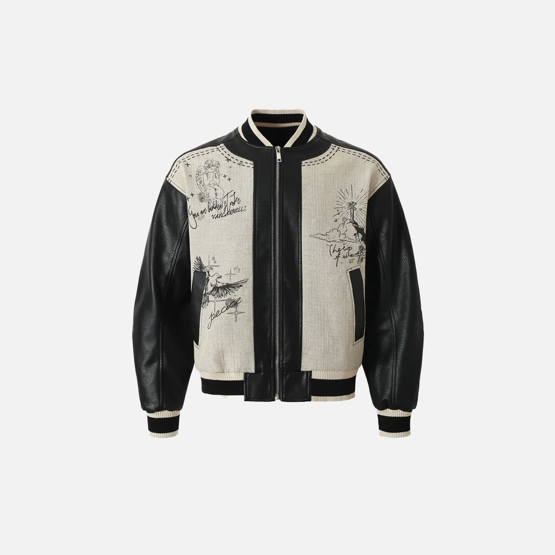 Streetwear High Street Patchwork Leder Collegejacke
