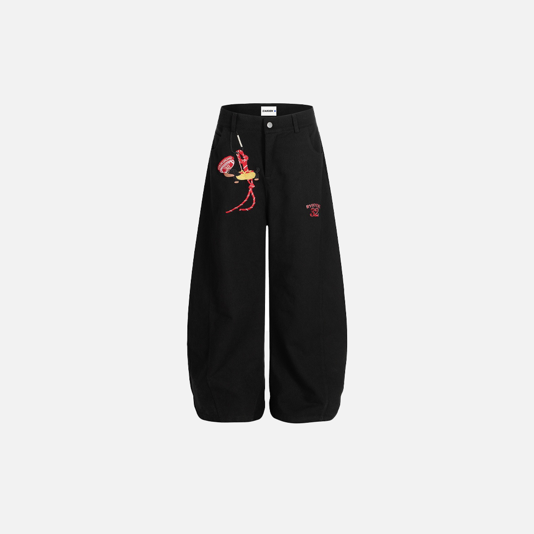 Lässige, weite Hose mit Cartoon-Stickerei