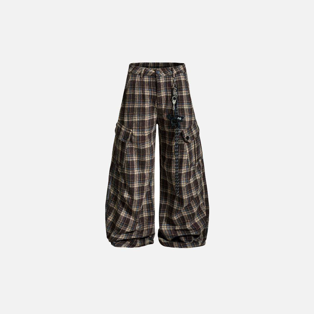 Vintage karierte Cargohose mit Cartoon-Motiv