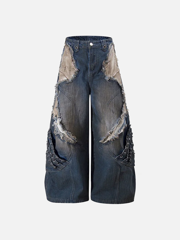 Vintage Jeans im Used-Look mit Rissen und Patchwork-Details