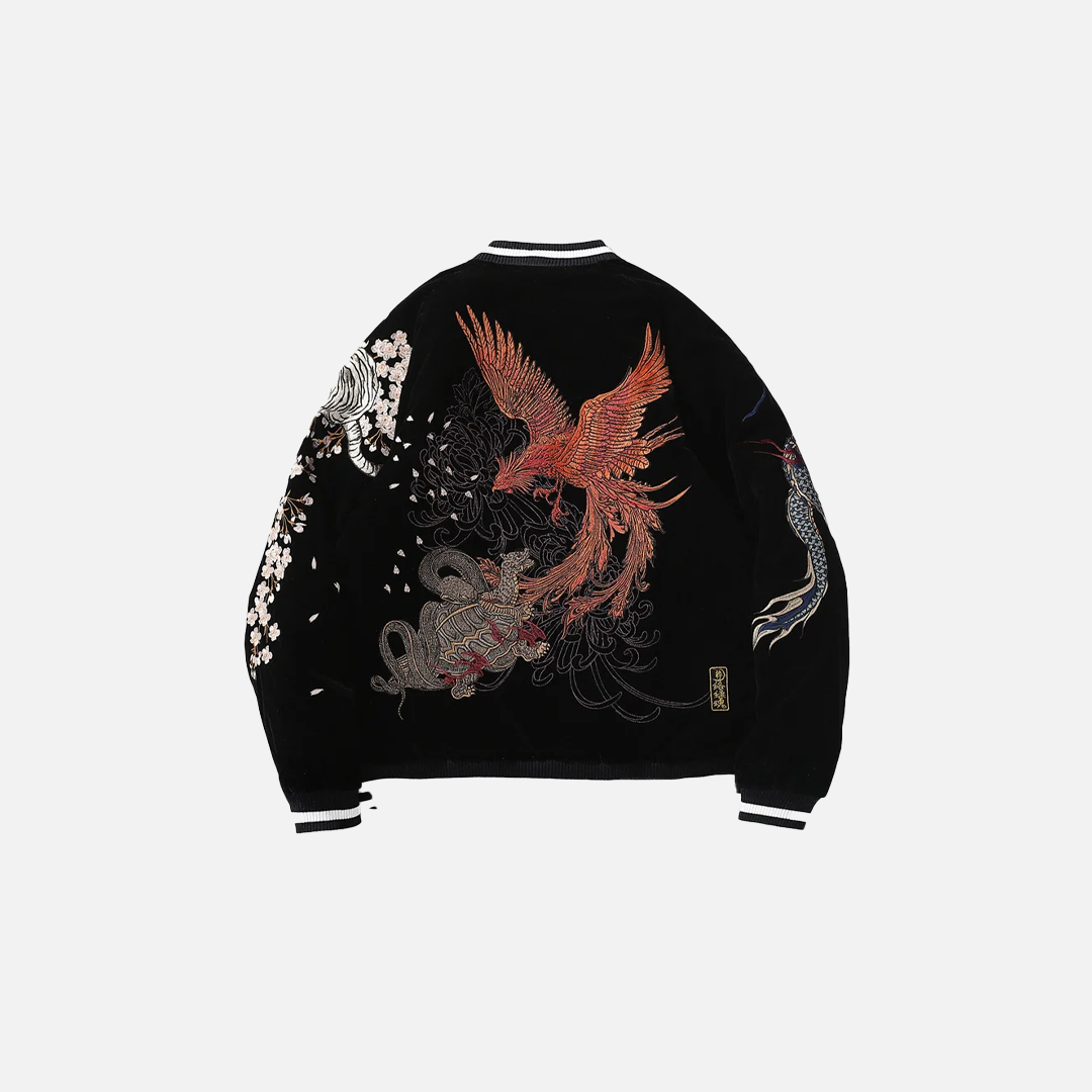 Bomberjacke aus Samt mit Drachen- und Phönixstickerei
