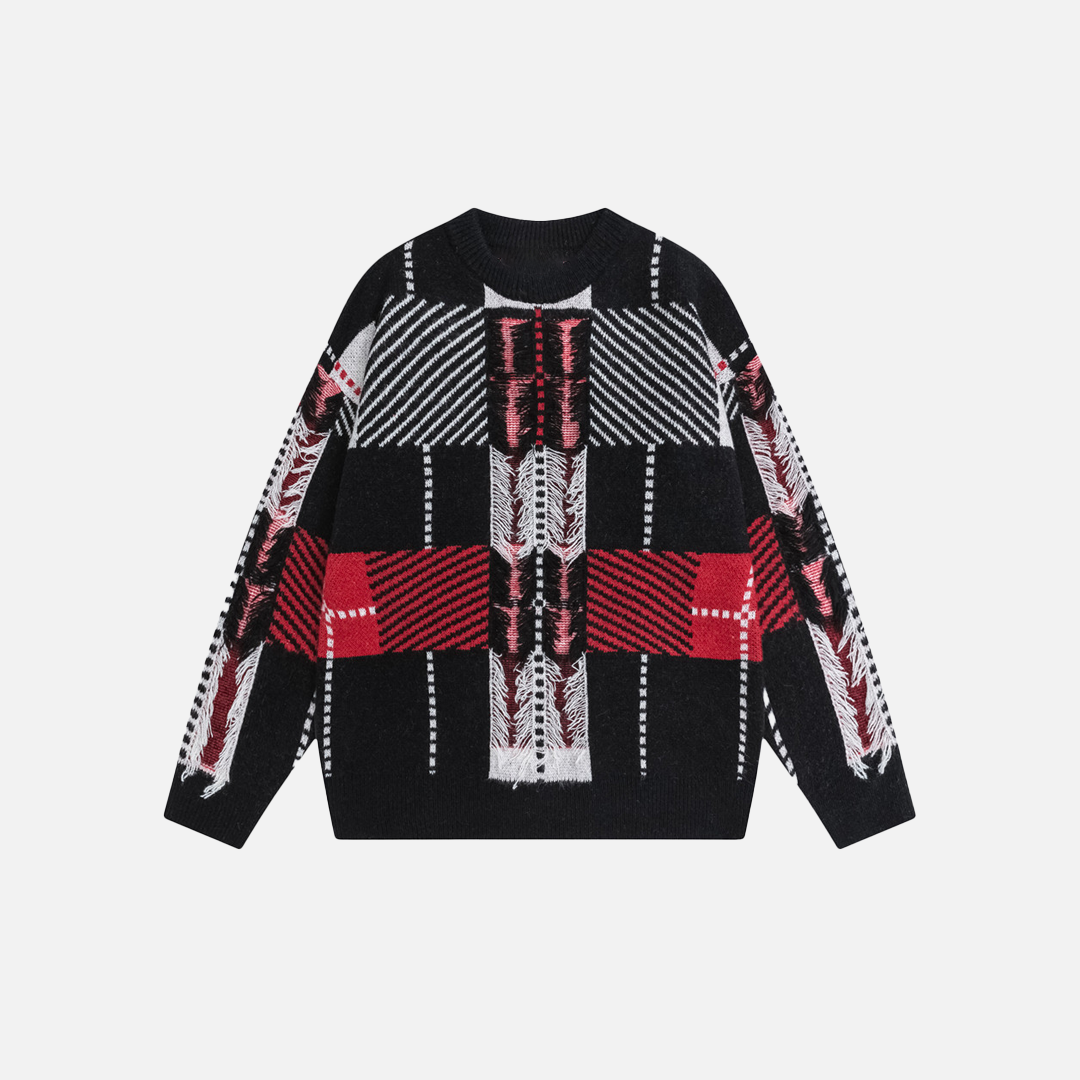 Retro-Pullover mit buntem Jacquardmuster und Quasten, Rundhalsausschnitt