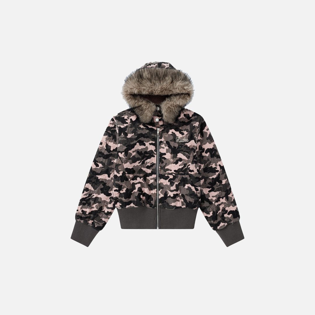 Veste à capuche en fausse fourrure camouflage rétro chic