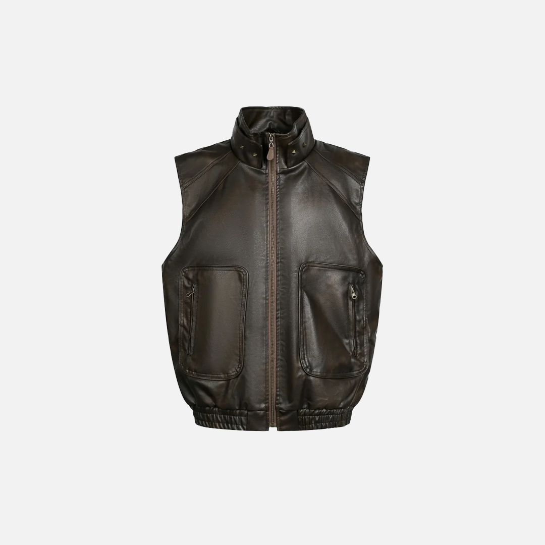 Gilet de moto en cuir à col montant et rivets rétro