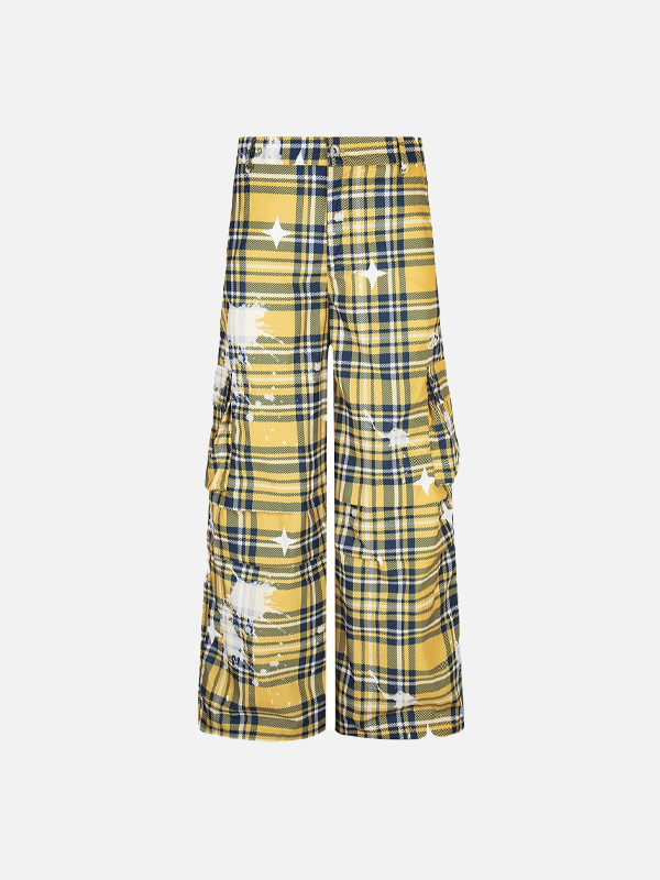 Trendige Cargohose im Y2K-Stil mit aufgemaltem Karomuster und weitem Bein