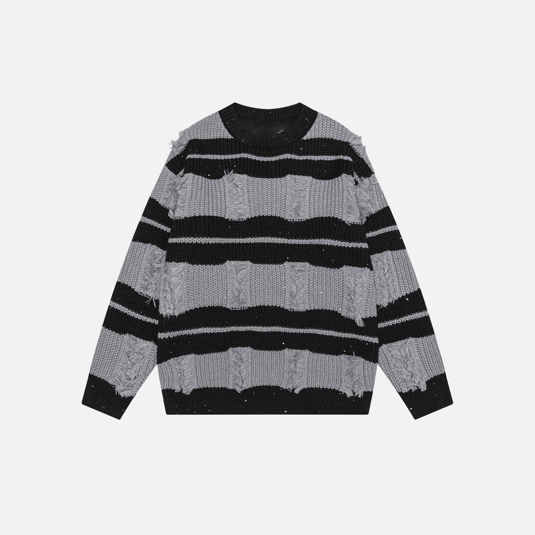 Pullover mit kontrastfarbenen Streifen, gehäkeltem Detail und Rundhalsausschnitt