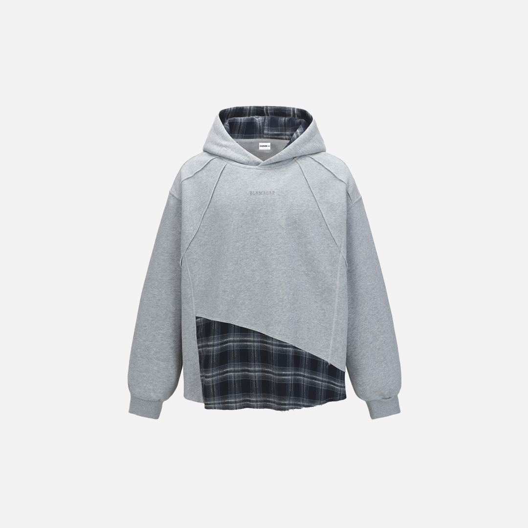 Fashionable Irregular Plaid Patchwork Ripped Hoodie